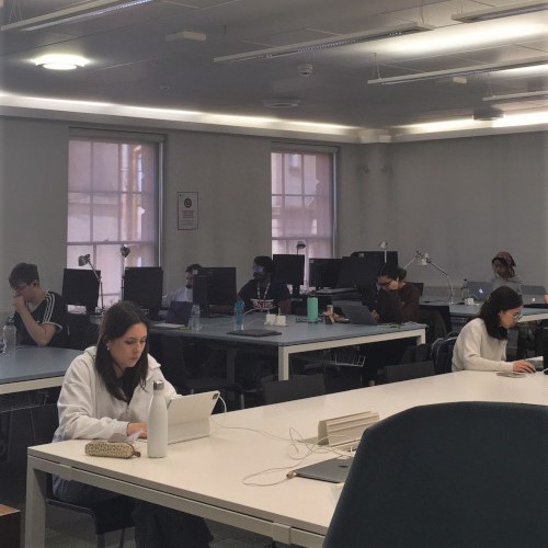 Students seated at desk in the Education Library, using laptops.